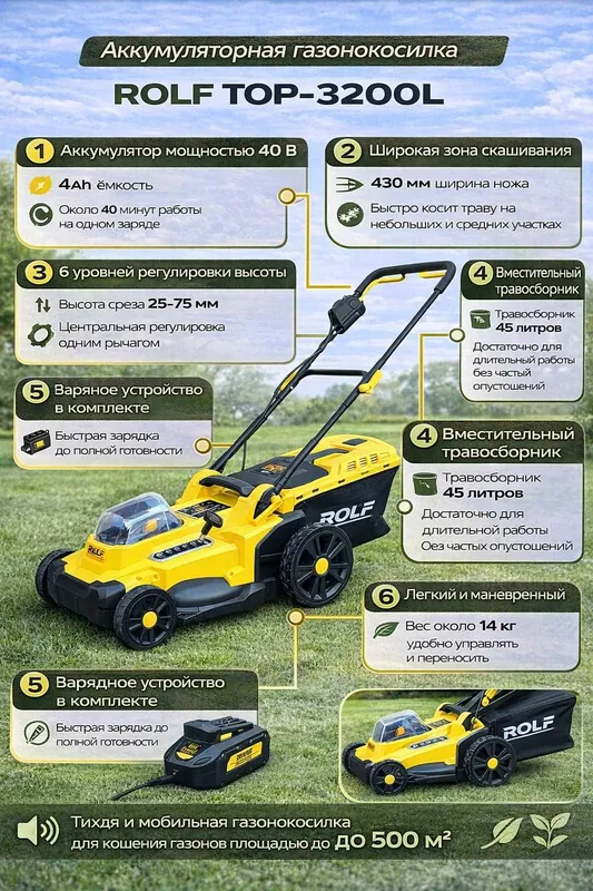 Газонокосилка Аккумуляторная Rolf TOP-3200L 43см gazonokosilka ОПТОМ! — фото 1