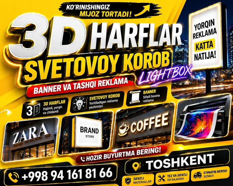-10% Arzon narxda Tashqi reklama 3D harflar Banner Arakal va h.z