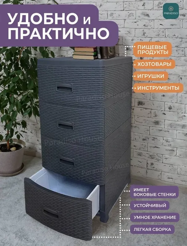 Пластиковый комод с 4 ящиками для хранения 1 Пластиковый комод с 4 ящиками для хранения 1