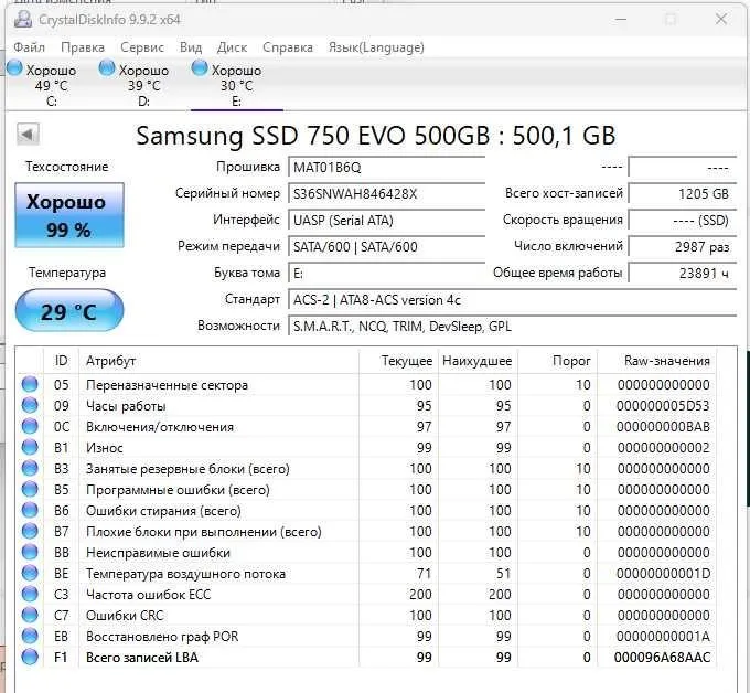 SSD Samsung 750 EVO 500 GB, SATA 2.5", здоровье 99% 2 SSD Samsung 750 EVO 500 GB, SATA 2.5", здоровье 99% 2