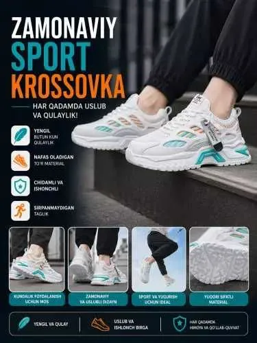 Erkaklar krossovkasi, yengil vanafas oluvchi qulay bahor–yoz–kuz,