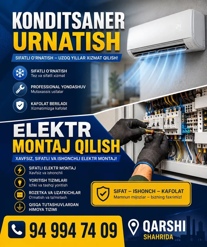 Konditsaner ustanovka qilamiz elektr montaj ishlari