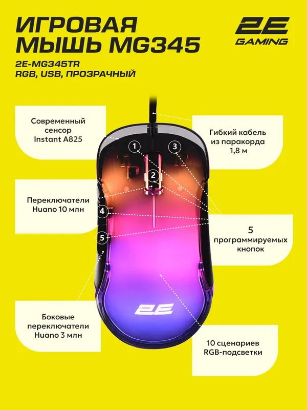 Проводная игровая мышь 2E GAMING MG345 c RGB-подсветкой, прозрачная Transparent — фото 1