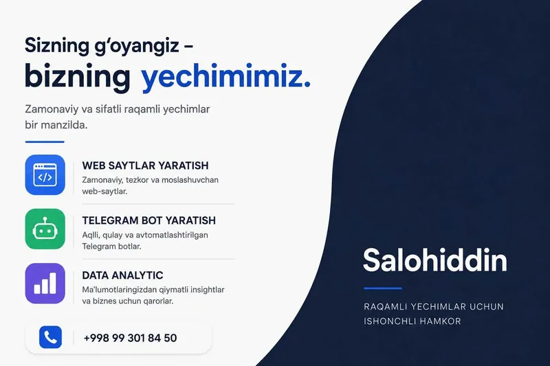 Website, Telegrambot yasash. Data Analytika, Dashboard qilib berish. Website, Telegrambot yasash. Data Analytika, Dashboard qilib berish.