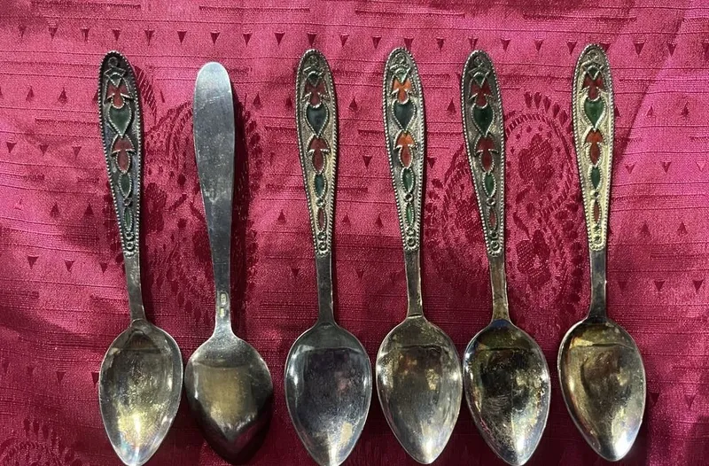 Ложки кофейные позолоченные с эмалью. Серебро 875пр. 6 штук. 4
