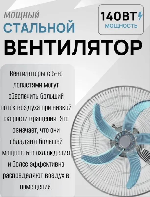 Напольный вентилятор 5-лопастной, мощный и тихий 3 скорости, 5 Напольный вентилятор 5-лопастной, мощный и тихий 3 скорости, 5