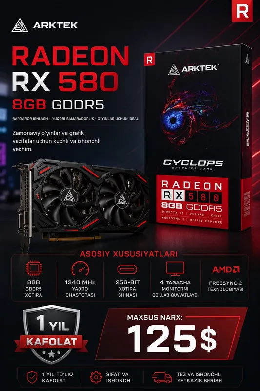 RX 580 8GB GDDR5 | 1 Yil Kafolat | Yangi RX 580 8GB GDDR5 | 1 Yil Kafolat | Yangi