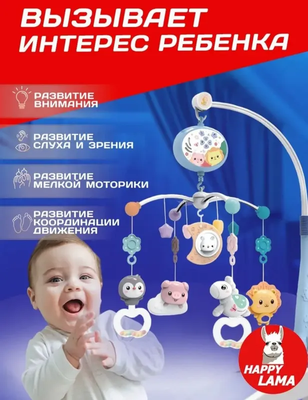 Музыкальный мобиль на кроваткуAnimals с проектором и пультом — фото 4