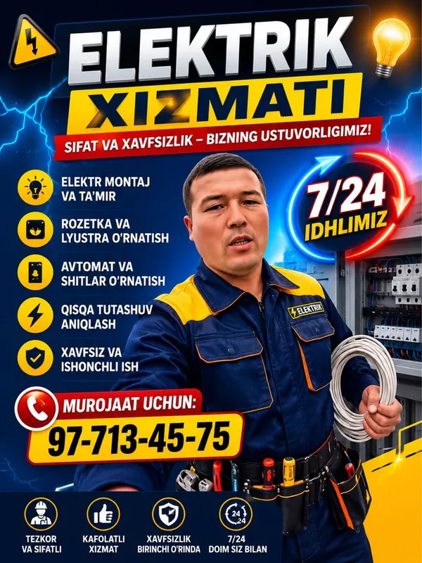 Yangiyo’l boylap Elektrika xizmati 7/24 Yangiyo’l boylap Elektrika xizmati 7/24
