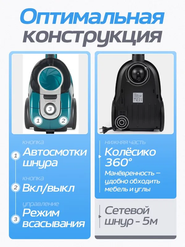 Пылесос Samsung мощный 3600 W, инновационный циклонный, НЕРА фильтр — фото 4