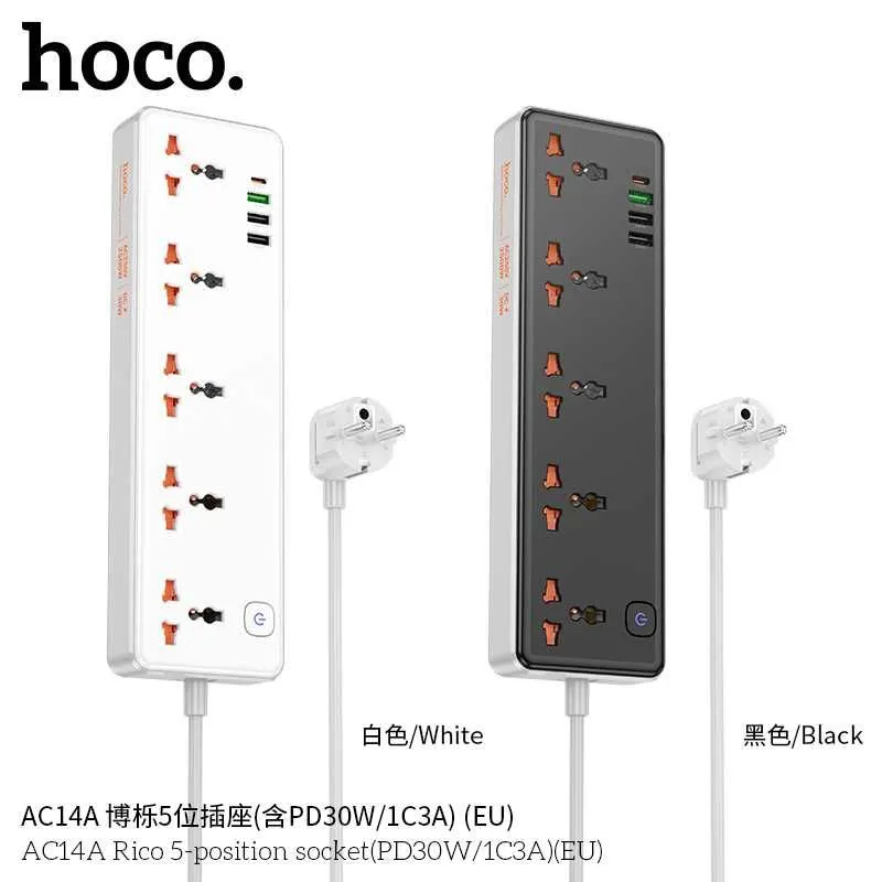 Hoco AC14A Rico Сетевой фильтр 5 розетками и USB-портами PD30W EU/GER — фото 1