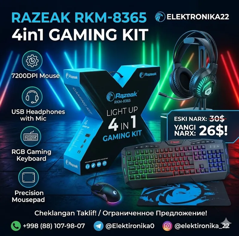 Geymerlar uchun komple yechim: Razeak RKM-8365 (Razeak 4in1 gaming kit) Geymerlar uchun komple yechim: Razeak RKM-8365 (Razeak 4in1 gaming kit)