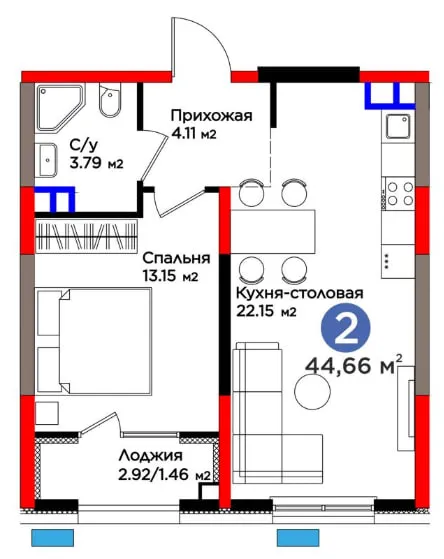Метро Яшнабад  2-Комнатная 45,96м²|  =П\в 15 320 $ — фото 6
