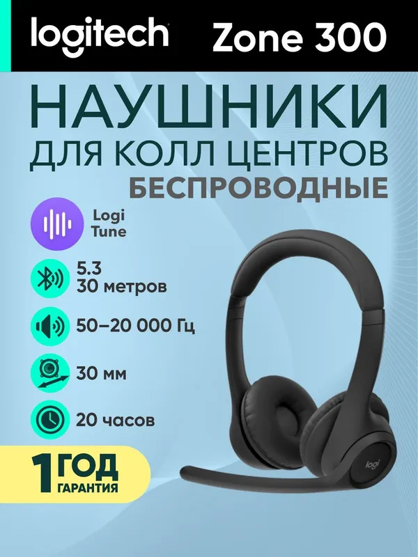 Беспроводные наушники Logitech Zone 300 для компьютера/колл-центра (звонки, музыка)