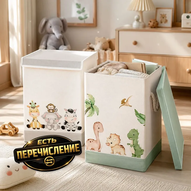 Складная корзина для хранения игрушек и белья с крышкой 1 Складная корзина для хранения игрушек и белья с крышкой 1