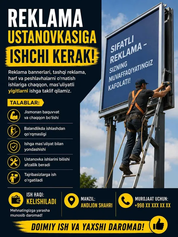 REKLAMA ustanovkasiga ishchilar taklif qilamiz! REKLAMA ustanovkasiga ishchilar taklif qilamiz!