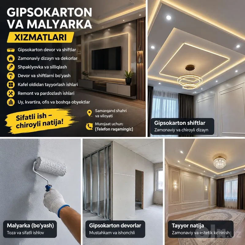 Gipsokarton va malyarka xizmatlari - Samarqand 1 Gipsokarton va malyarka xizmatlari - Samarqand 1