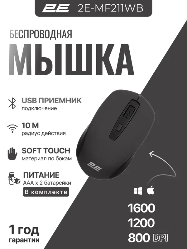 Беспроводная мышка для ноутбука и компьютера, черная