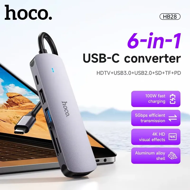 USB-C Хаб HOCO HB28 6 в 1, HDMI 4K, USB 3.0, SD/TF, PD 100W