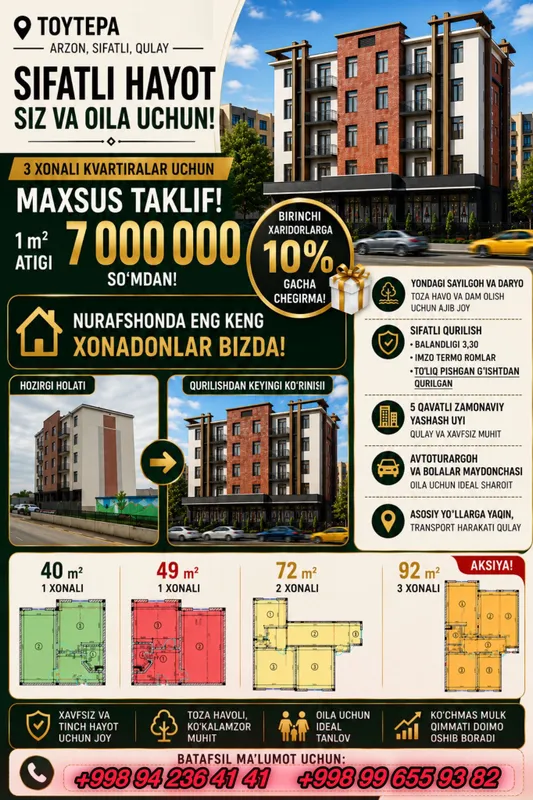 Toytepada yangi xonadonlar sotuvda! Nurafshon shahri, Toytepa tumanida Toytepada yangi xonadonlar sotuvda! Nurafshon shahri, Toytepa tumanida