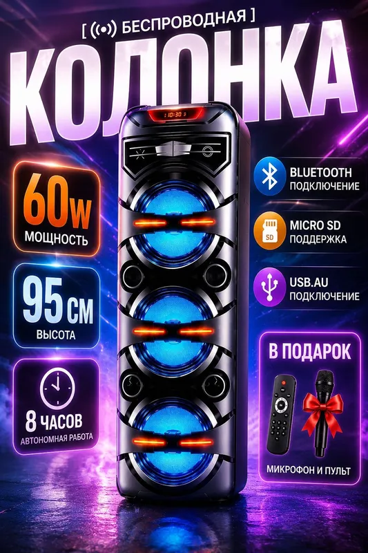 Беспроводная Bluetooth колонка 60W, 95 см, караоке, микрофон и пульт Беспроводная Bluetooth колонка 60W, 95 см, караоке, микрофон и пульт