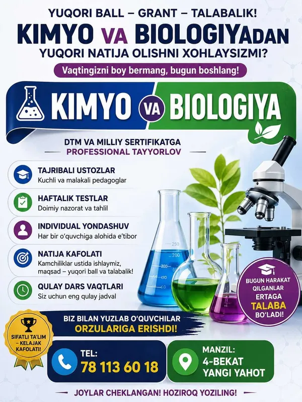 Kimyo va Biologiyadan yuqori natija olishni xohlaysizmi? 1