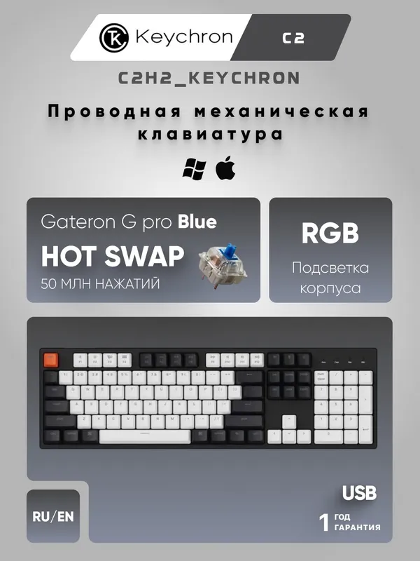 Проводная игровая клавиатура Keychron C2 104Key, Gateron G Pro, Hot-Swap, RGB, C2H
