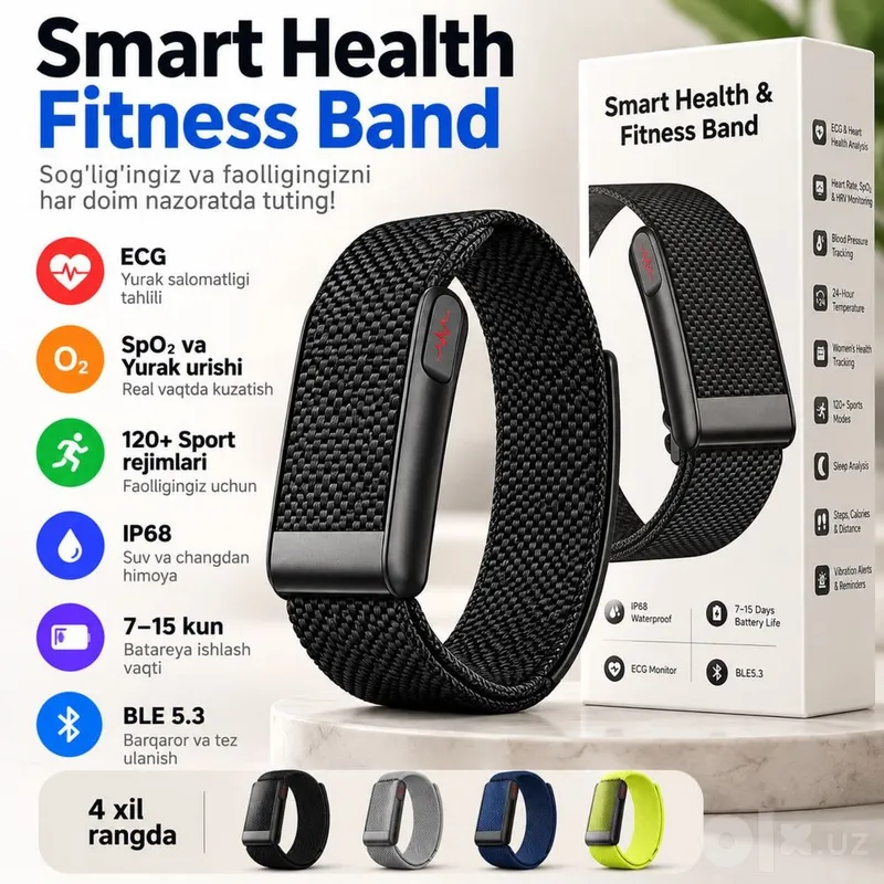 Smart Health Fitness Band | ECG, SpO2, yurak urishi | IP68 | 7–15 kun 1 Smart Health Fitness Band | ECG, SpO2, yurak urishi | IP68 | 7–15 kun 1