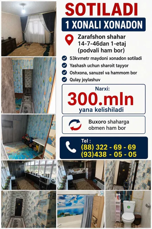 Zarafshon shahardan 1 xonali yashash uchun tayyor xonadon sotiladi 1 Zarafshon shahardan 1 xonali yashash uchun tayyor xonadon sotiladi 1