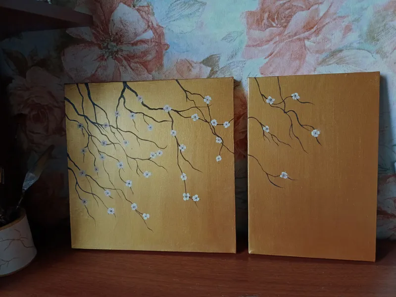 Oltin fon ustida sakura. Qo‘l mehnati, plakat emas. 1