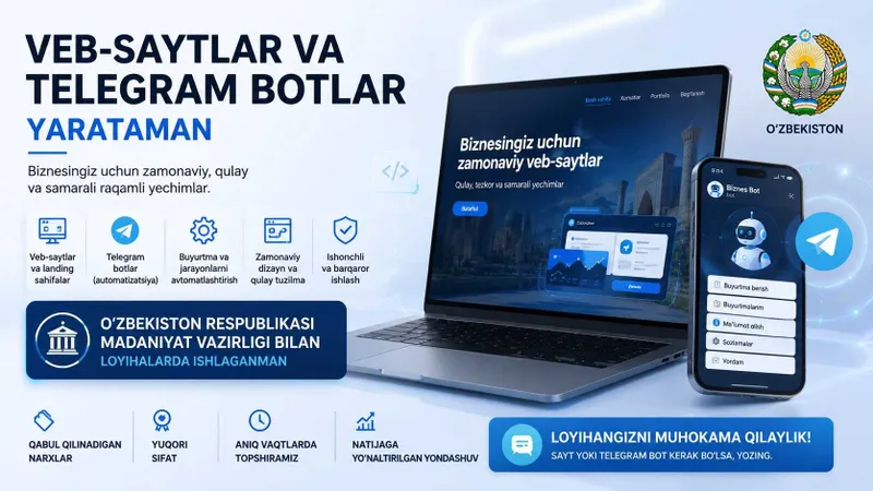 Sayt, Telegram bot, Mini - App yaratib beramiz, Kuchli jamoa, zor narx