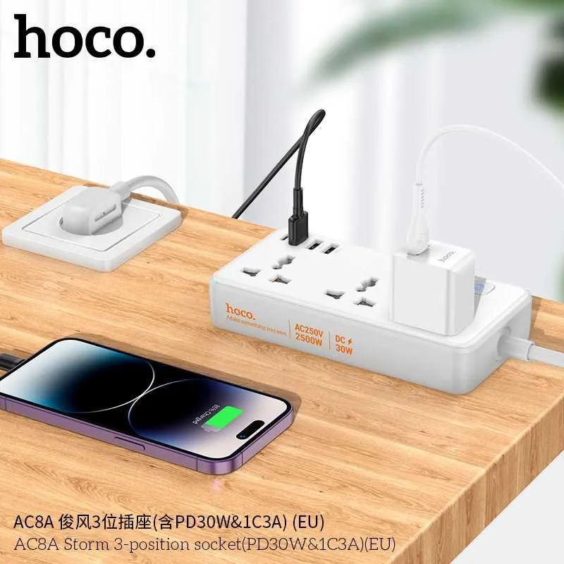 Hoco AC8A Storm Сетевой фильтр 3 розетками и USB-портами PD30W EU/GER — фото 2