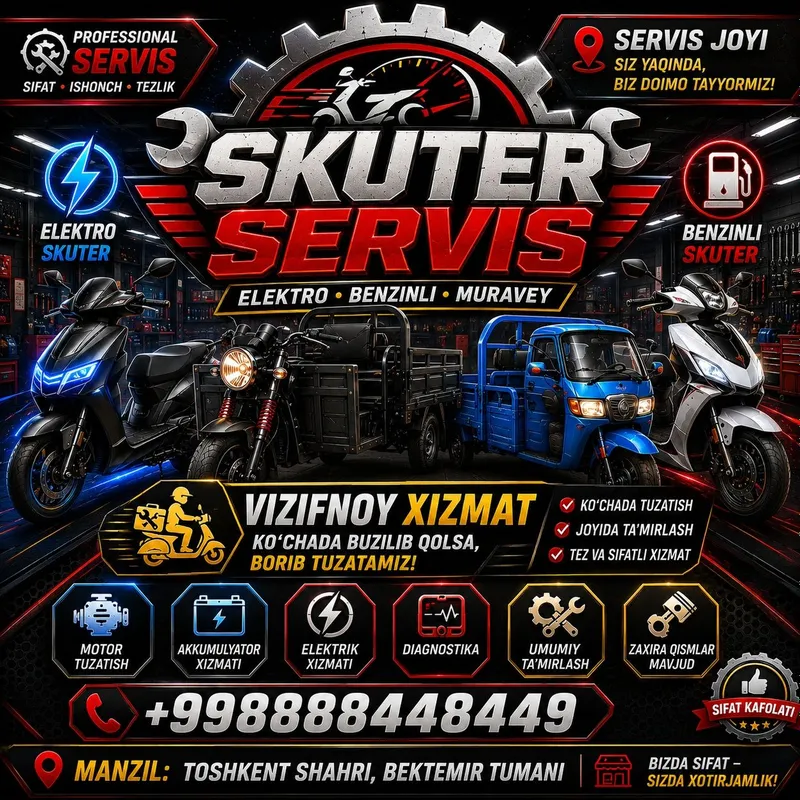 Skuteringiz buzildimi? Aloqaga chiqing sifatli xizmat koʻrsatamiz Skuteringiz buzildimi? Aloqaga chiqing sifatli xizmat koʻrsatamiz