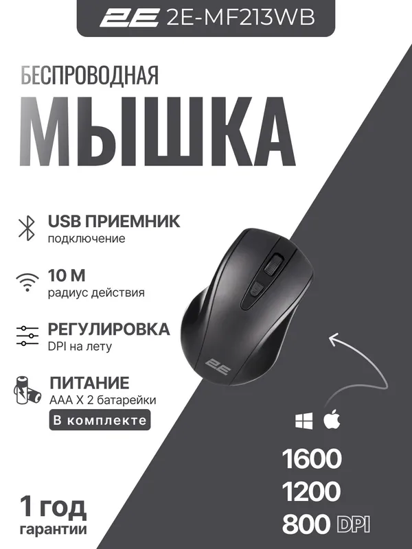 Беспроводная мышка для ноутбука и компьютера 2E MF213 WB, черная Беспроводная мышка для ноутбука и компьютера 2E MF213 WB, черная
