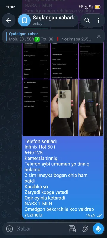 telefon hamma malumot rasmda qoyilgan narx 1Mln 7