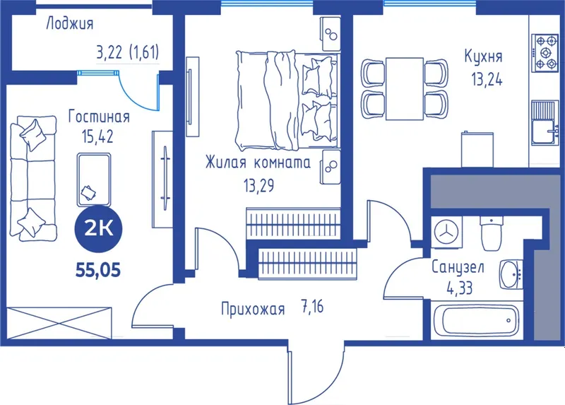 2 xonali kvartira, 55 m2, Mirzo Ulug'bek 2