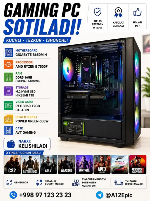 Zamonaviy AM5 platformadagi kuchli gaming kompyuter