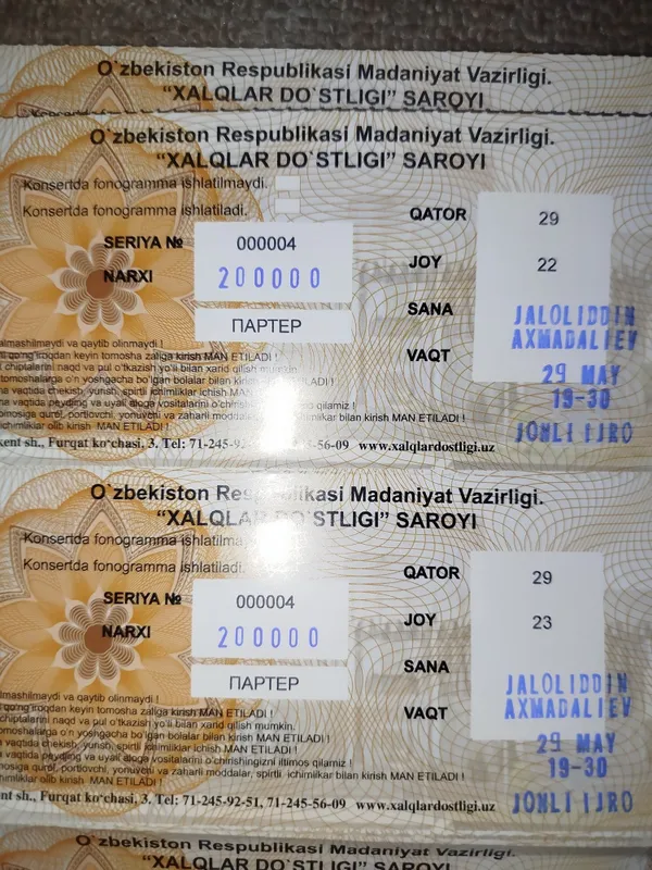Jaloliddin Ahmadaliyev konsert 29-qatordan 29-may Kelishilgan narxlard