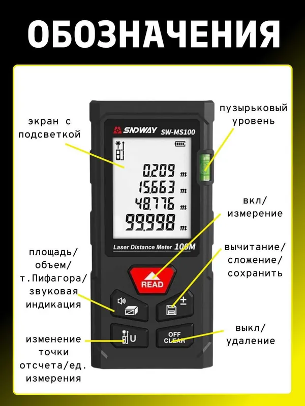 Дальномер лазерный SNDWAY SW-MS50/70/100 - 50/70/100 метр Красный луч — фото 6