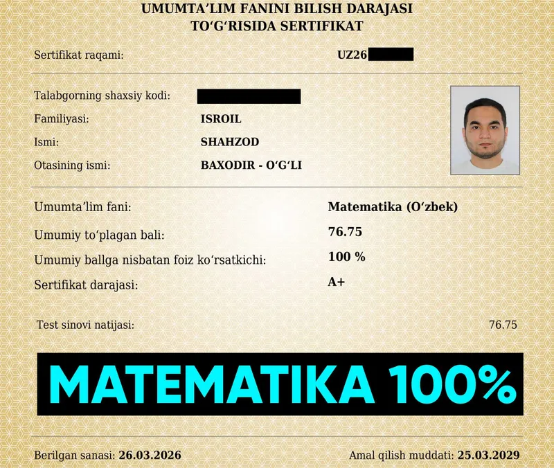 Matematika Milliy Sertifikat A+ 100% Matematika Milliy Sertifikat A+ 100%
