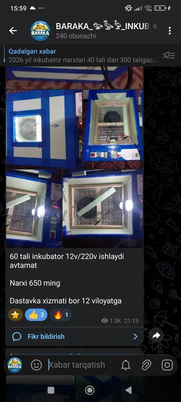 Inkubator 60 tali 12/220v ishlaydi