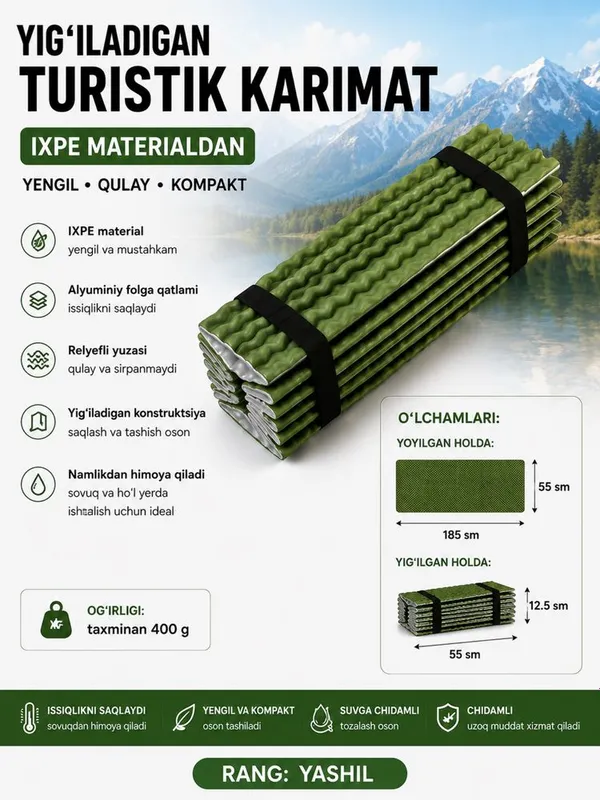 Yig‘iladigan turist karimati IXPE 185×55 sm | Kemping va piknik uchun 4 Yig‘iladigan turist karimati IXPE 185×55 sm | Kemping va piknik uchun 4