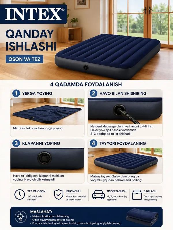 Intex ikki kishilik puflanadigan matras 203×183×25 sm 3 Intex ikki kishilik puflanadigan matras 203×183×25 sm 3