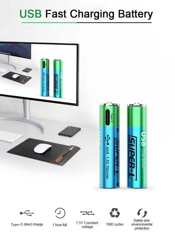 2 штук АА Li-ion батарейки 1.5V 2500 mWh USB с USB кабель (Super-L) — фото 3