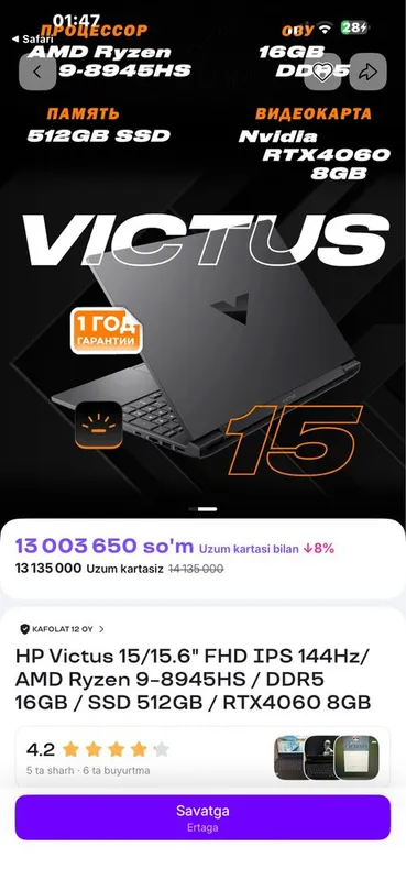 Sotiladi: HP Victus 15 Gaming Laptop 6 Sotiladi: HP Victus 15 Gaming Laptop 6