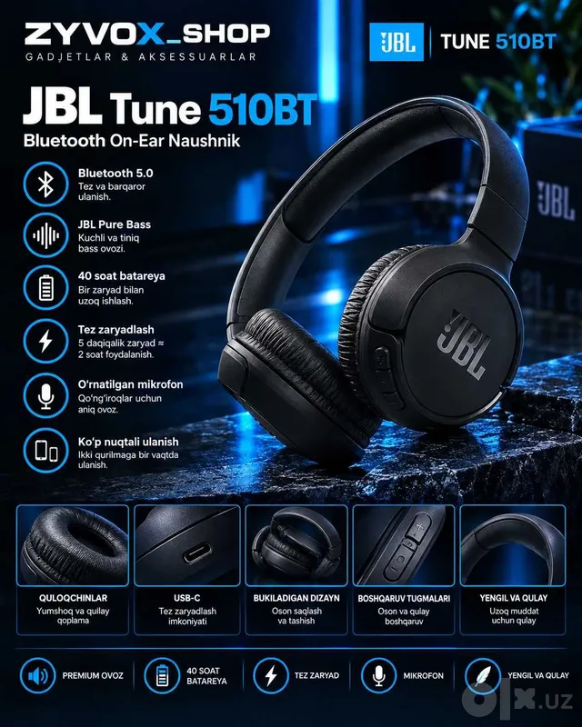 JBL Tune 510BT simsiz Bluetooth quloqchin JBL Tune 510BT simsiz Bluetooth quloqchin