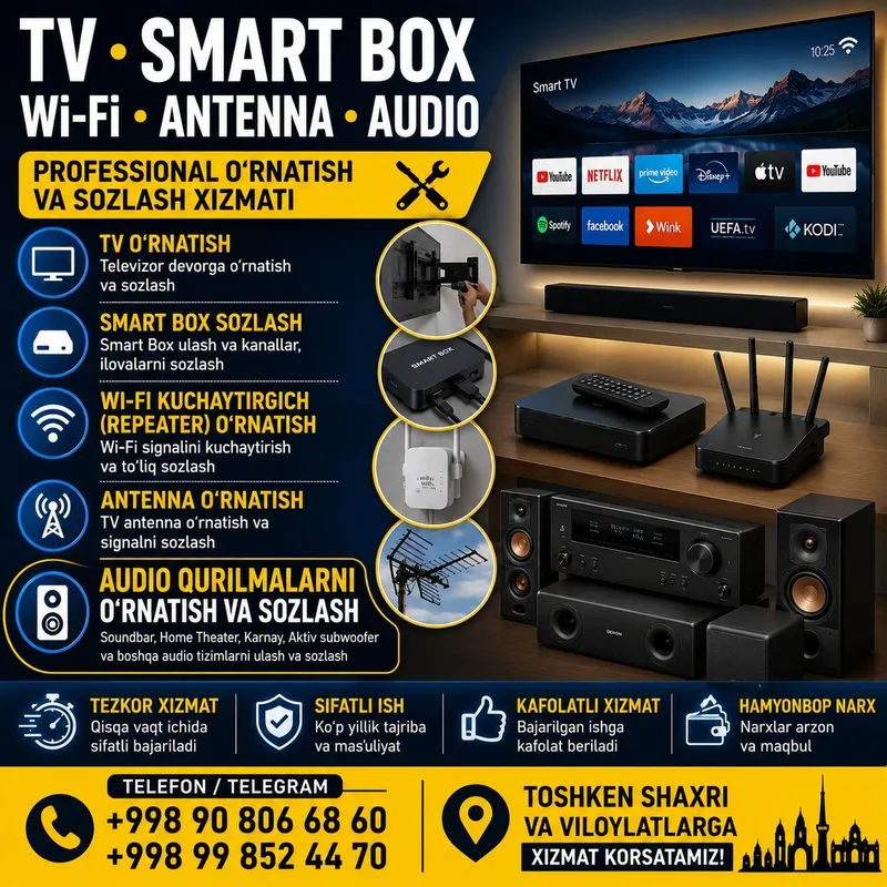 Ustanovka TV, Smart Box, Wi-Fi kuchaytirgich, Antenna va Audio qurilma