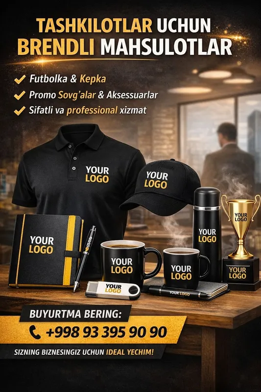 Biz tashkilotlar uchun logotip tushirilgan futbolka, kepka va promo