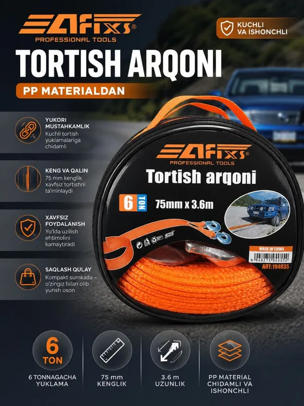 Avtamabil uchun tortish trosi 6tonna, 3,6metr metall ilgakli 3