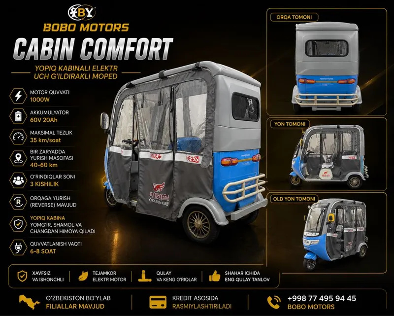 Yopiq kabinali elektr uch g’ildirakli moped Bobo Motors 2